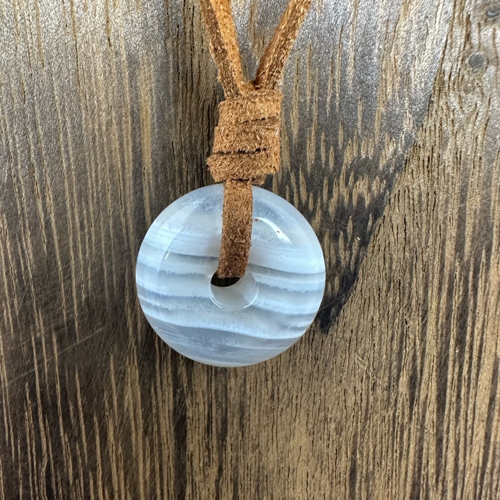 Small Banded White Agate Donut Pendant Necklace on Brown Suede